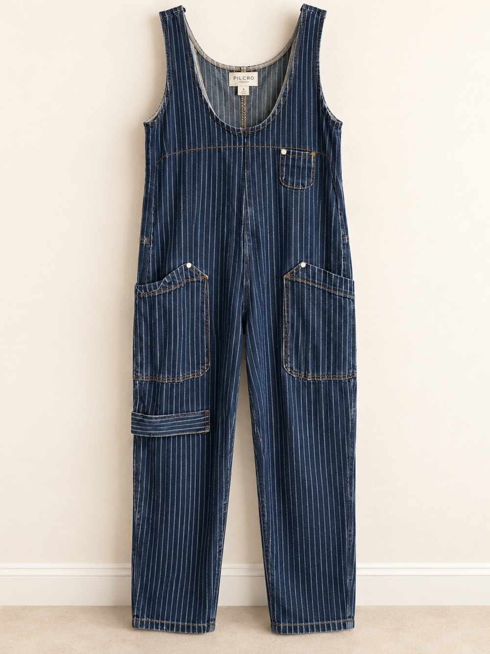 Anthropologie Pilcro Pinstripe Denim Utility Jumpsuit Size S